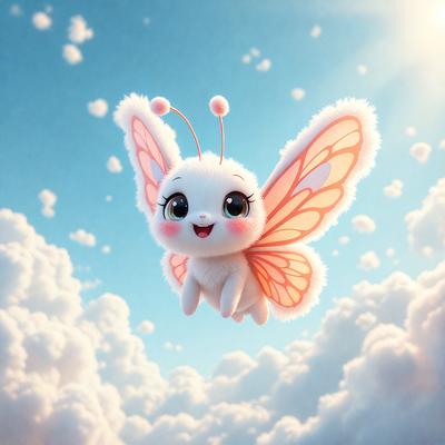 The primary subject of the image is a small, cute, pink butterfly with big eyes. It is flying in the sky, surrounded by clouds. The setting is a bright, sunny day with a blue sky. The visual style is a digital art or illustration, giving the butterfly a whimsical and adorable appearance. The colors are predominantly pink and white, creating a warm and cheerful atmosphere.